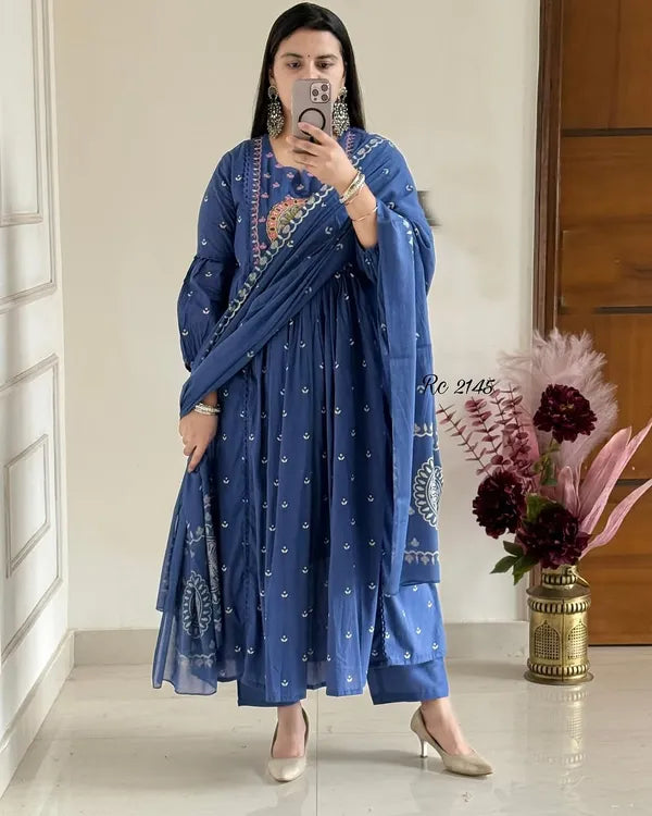 Latest And Trending Peacock Cotton Printed Anarkali And Pant With Dupatta Set ( Blue )
