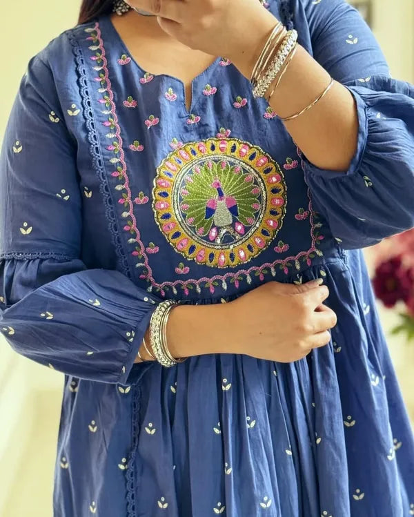 Latest And Trending Peacock Cotton Printed Anarkali And Pant With Dupatta Set ( Blue )