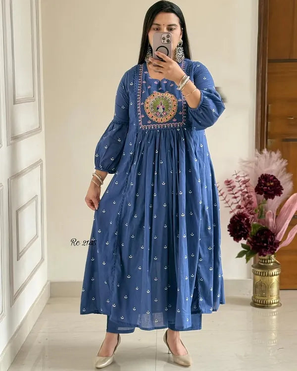 Latest And Trending Peacock Cotton Printed Anarkali And Pant With Dupatta Set ( Blue )
