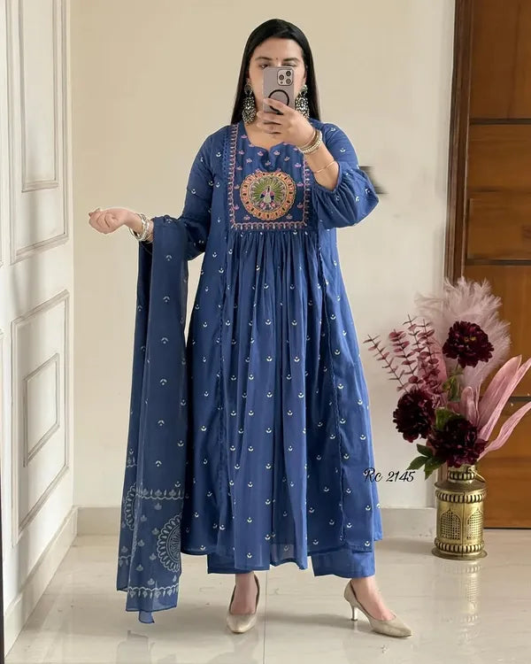 Latest And Trending Peacock Cotton Printed Anarkali And Pant With Dupatta Set ( Blue )