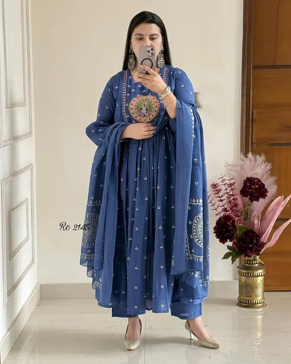 Latest And Trending Peacock Cotton Printed Anarkali And Pant With Dupatta Set ( Blue )