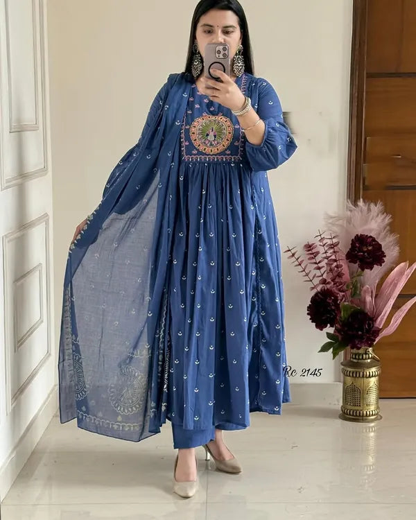 Latest And Trending Peacock Cotton Printed Anarkali And Pant With Dupatta Set ( Blue )