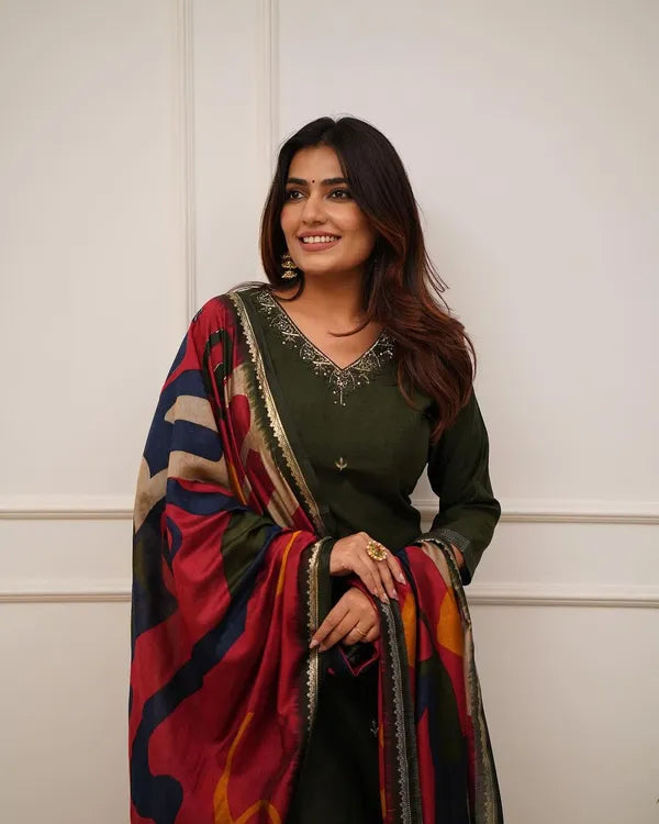 Green Embroider and Zari Work Rayon Straight Kurta And Pant with Silk Dupatta Set