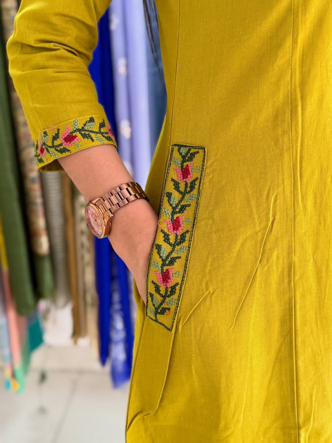 Beautiful Heavy Cross Embroidery Work On Yoke and Sleeves A-Line Cotton Kurti Pan