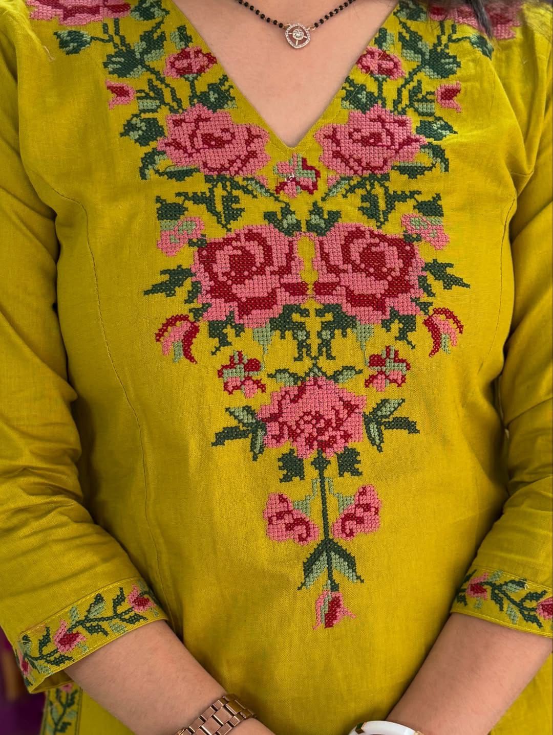 Beautiful Heavy Cross Embroidery Work On Yoke and Sleeves A-Line Cotton Kurti Pan