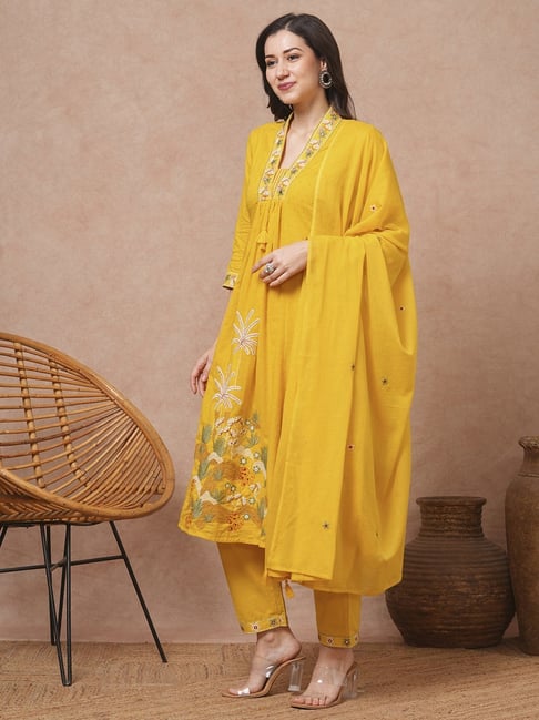 Solid Floral Embroidered A-Line Kurta with Pant & Dupatta - Yellow