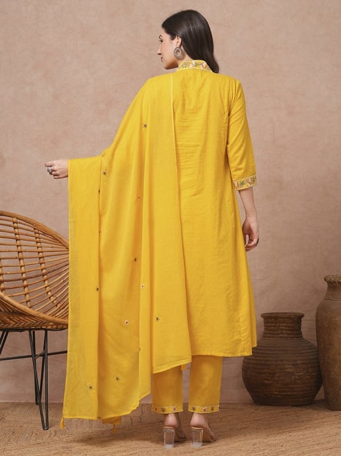 Solid Floral Embroidered A-Line Kurta with Pant & Dupatta - Yellow