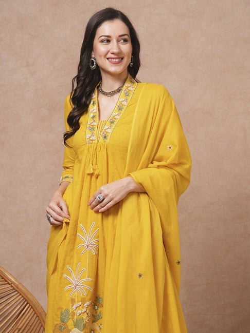 Solid Floral Embroidered A-Line Kurta with Pant & Dupatta - Yellow