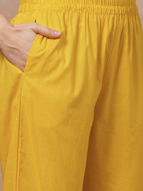 Solid Floral Embroidered A-Line Kurta with Pant & Dupatta - Yellow