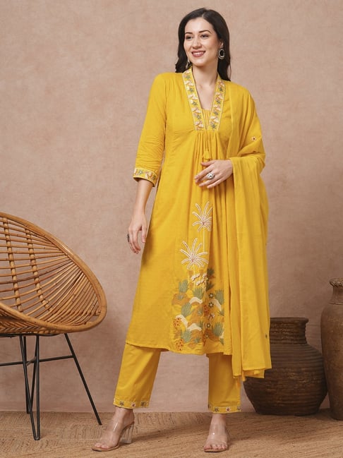 Solid Floral Embroidered A-Line Kurta with Pant & Dupatta - Yellow