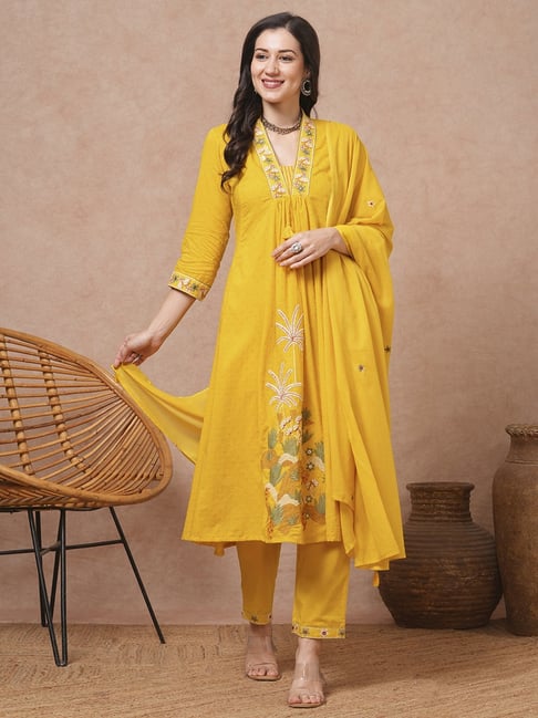 Solid Floral Embroidered A-Line Kurta with Pant & Dupatta - Yellow