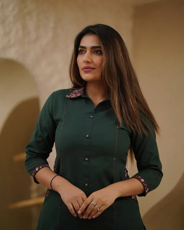 Dark Green Cotton Straight Kurta Plaza Set