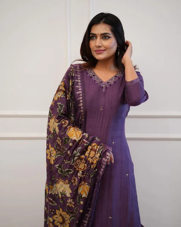 Purple Embroider and Zari Work Rayon Straight Kurta And Pant with Silk Dupatta Set