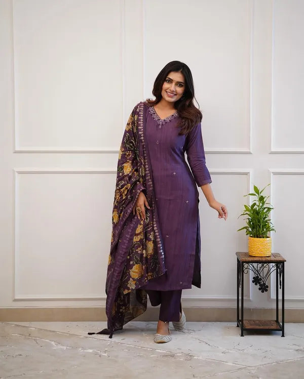 Purple Embroider and Zari Work Rayon Straight Kurta And Pant with Silk Dupatta Set