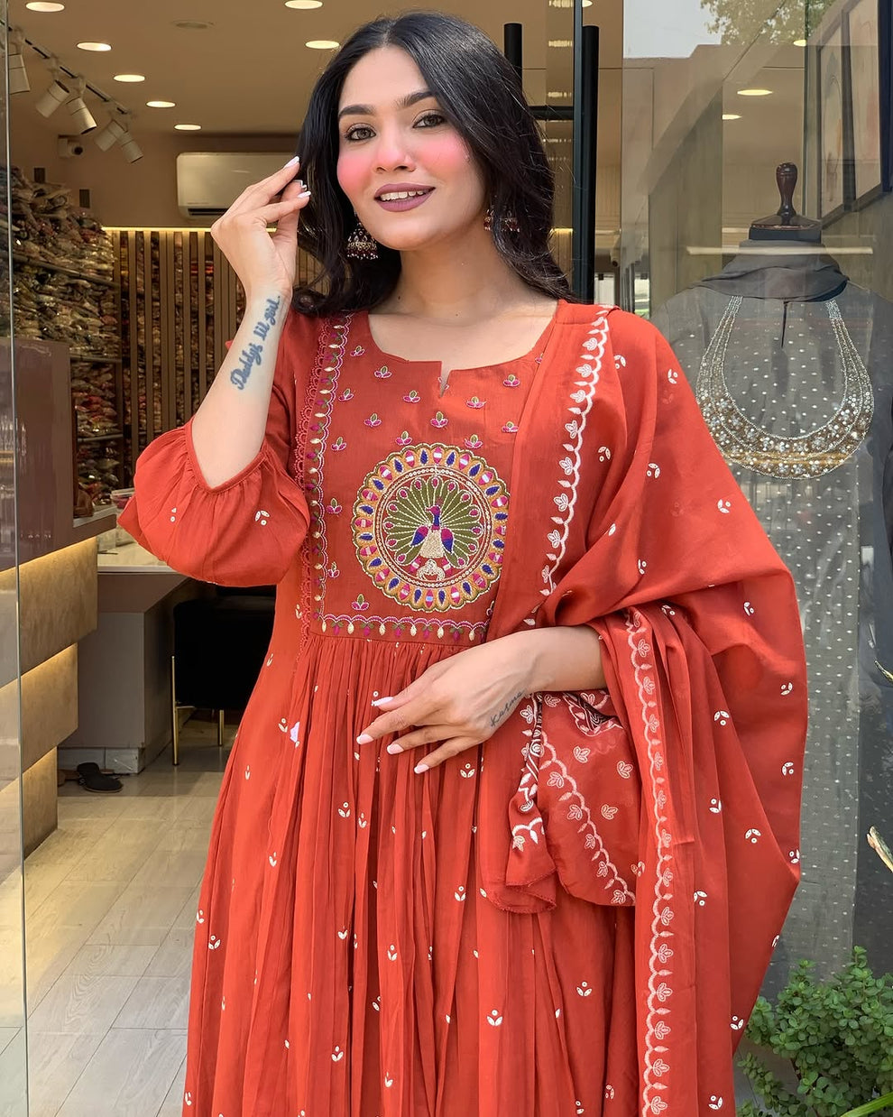 Latest And Trending Peacock Cotton Printed Anarkali And Pant With Dupatta Set ( Red )