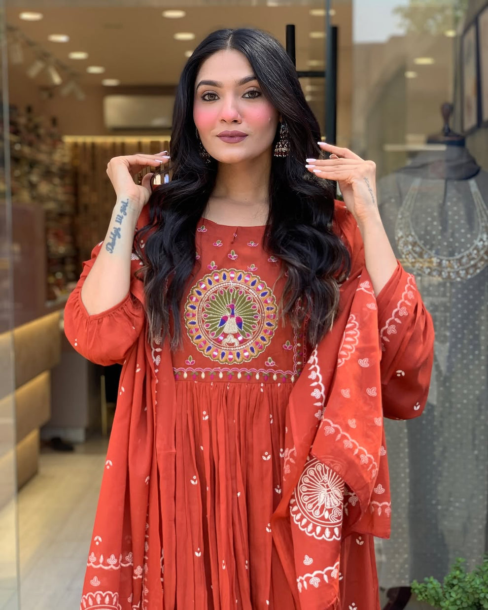 Latest And Trending Peacock Cotton Printed Anarkali And Pant With Dupatta Set ( Red )