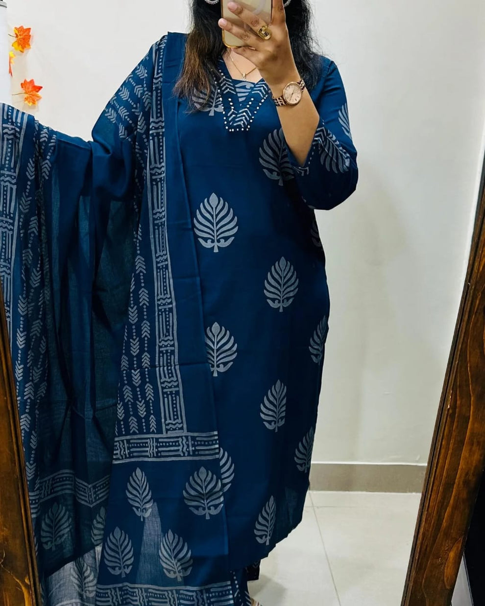 Sequence Cotton Blue Kurti Pant Set with Dupatta Set