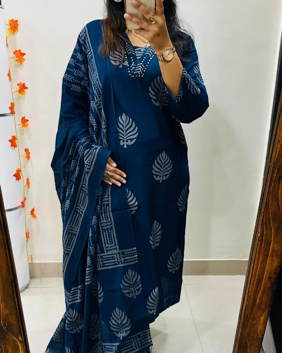 Sequence Cotton Blue Kurti Pant Set with Dupatta Set