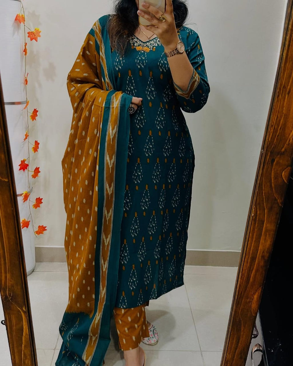Women Teal And Mustard Ikka Print Cotton Kurta Set With Contrast Dupatta