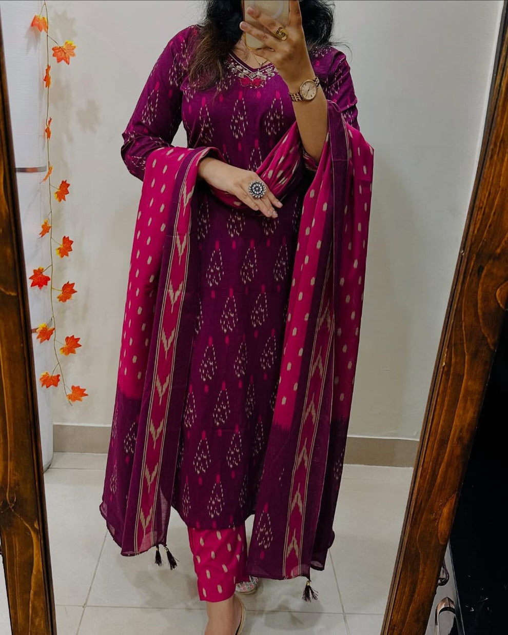 Women Magenta Ikka Print Cotton Kurta Set With Contrast Dupatta