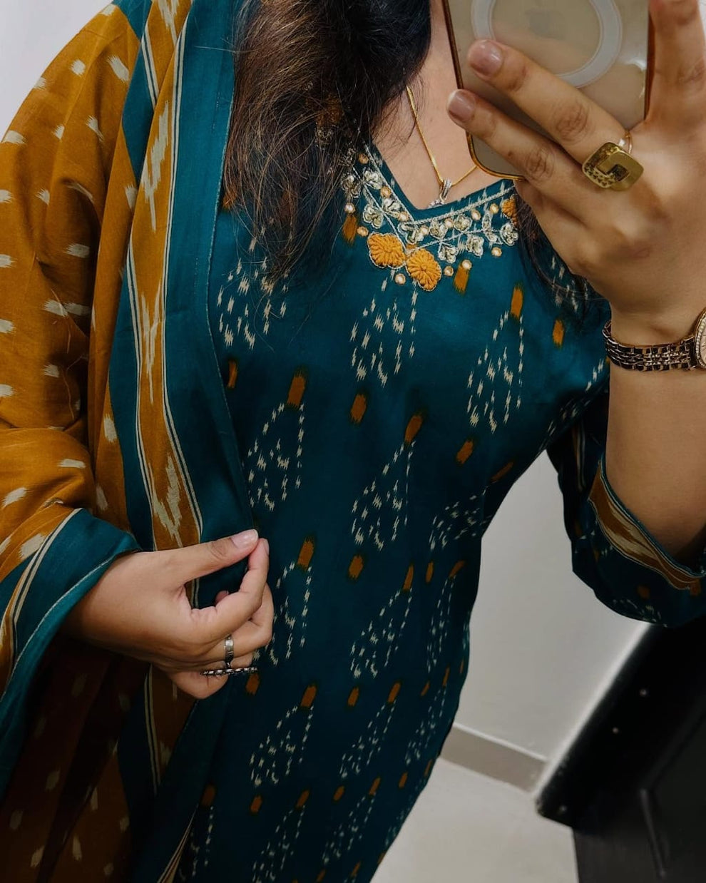 Women Teal And Mustard Ikka Print Cotton Kurta Set With Contrast Dupatta
