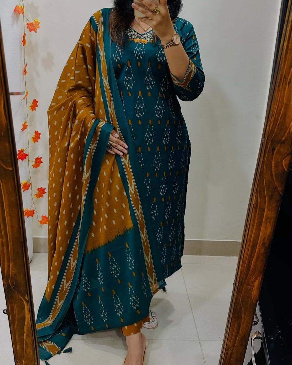 Women Teal And Mustard Ikka Print Cotton Kurta Set With Contrast Dupatta