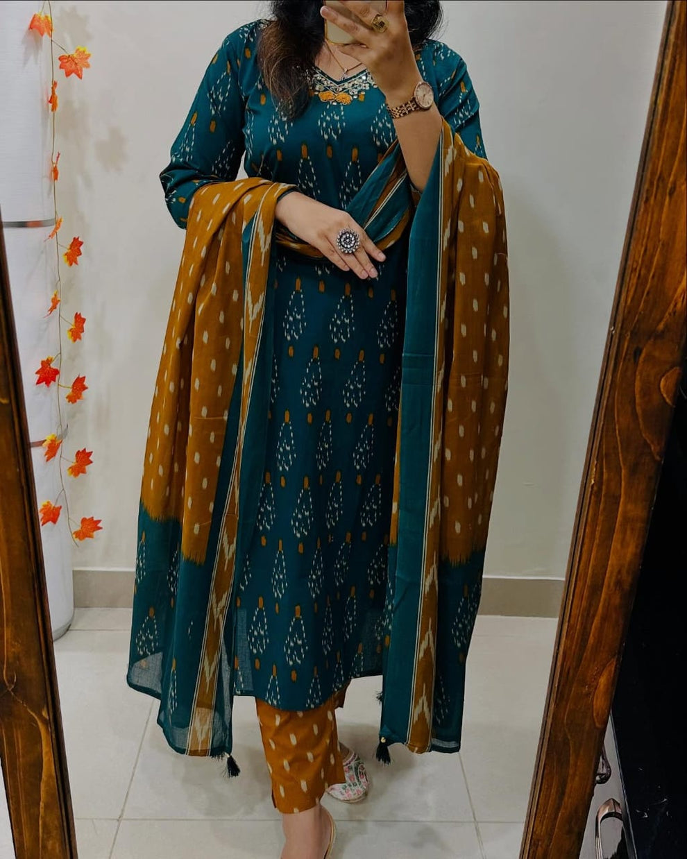 Women Teal And Mustard Ikka Print Cotton Kurta Set With Contrast Dupatta