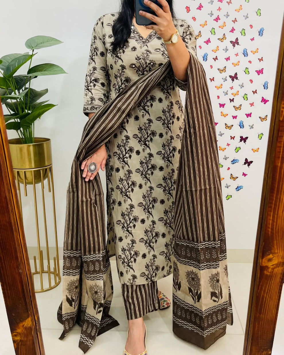 Coffee Cotton Sequence Work Kurta Pant With Dupatta Set