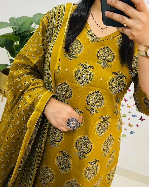 Traditional Cotton Embroidered Yellow Mustard Kurta Pant Set with Dupatta Set
