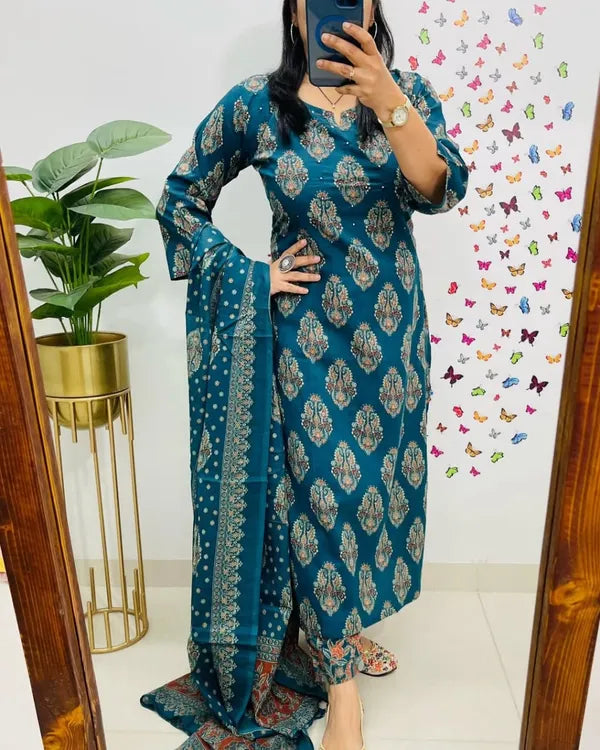 Traditional Cotton Embroidered Blue Kurta Pant Set with Dupatta Set