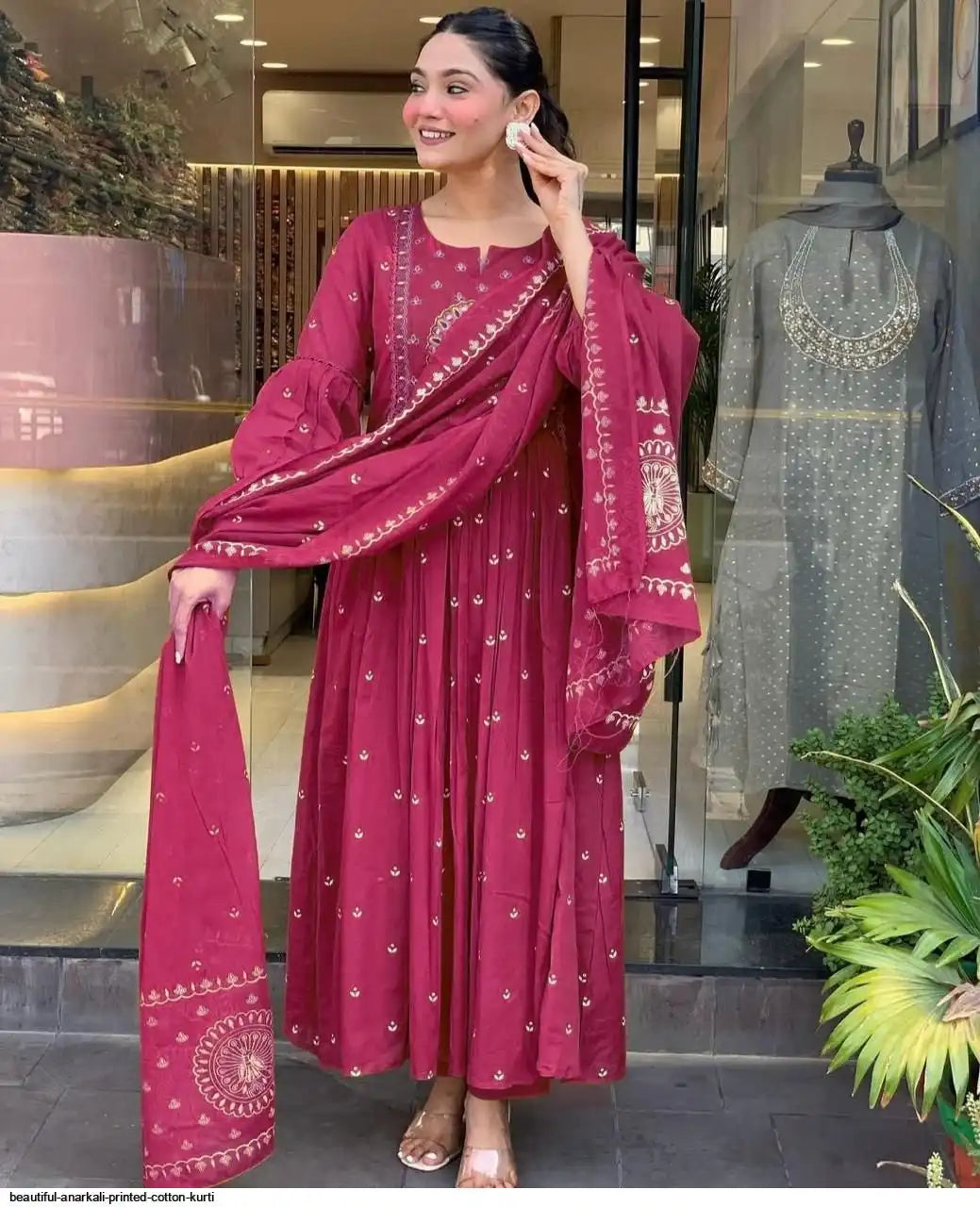 Latest And Trending Peacock Cotton Printed Anarkali And Pant With Dupatta Set ( Pink )