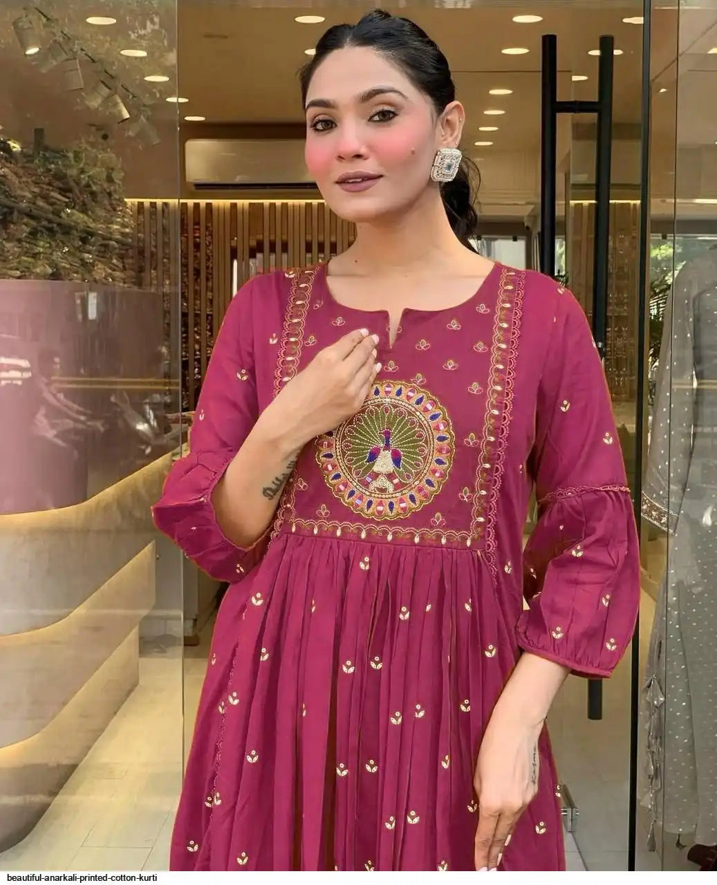 Latest And Trending Peacock Cotton Printed Anarkali And Pant With Dupatta Set ( Pink )