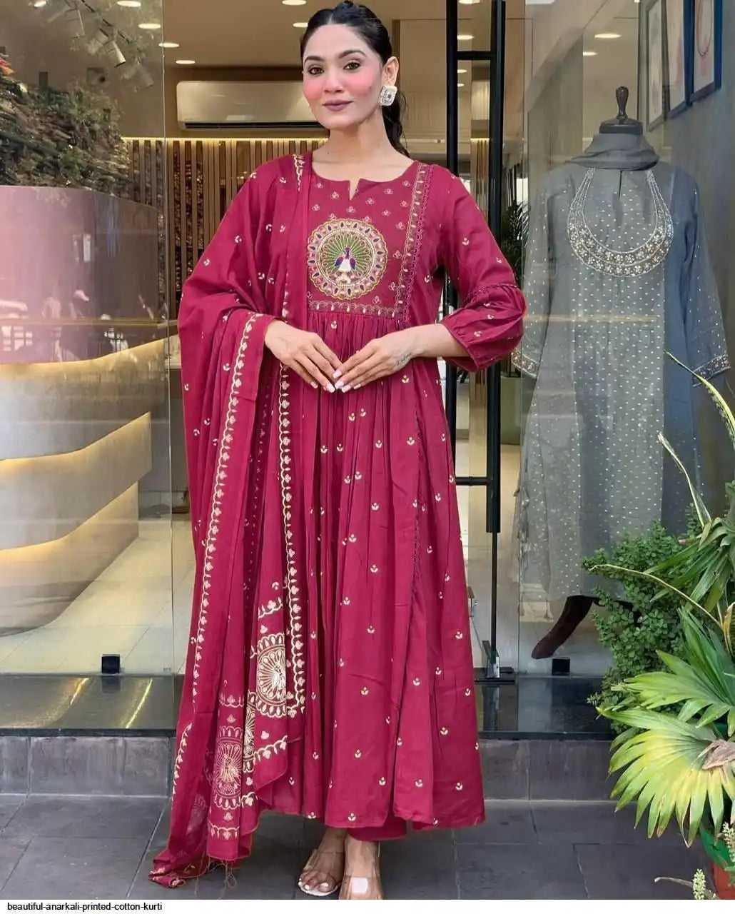 Latest And Trending Peacock Cotton Printed Anarkali And Pant With Dupatta Set ( Pink )