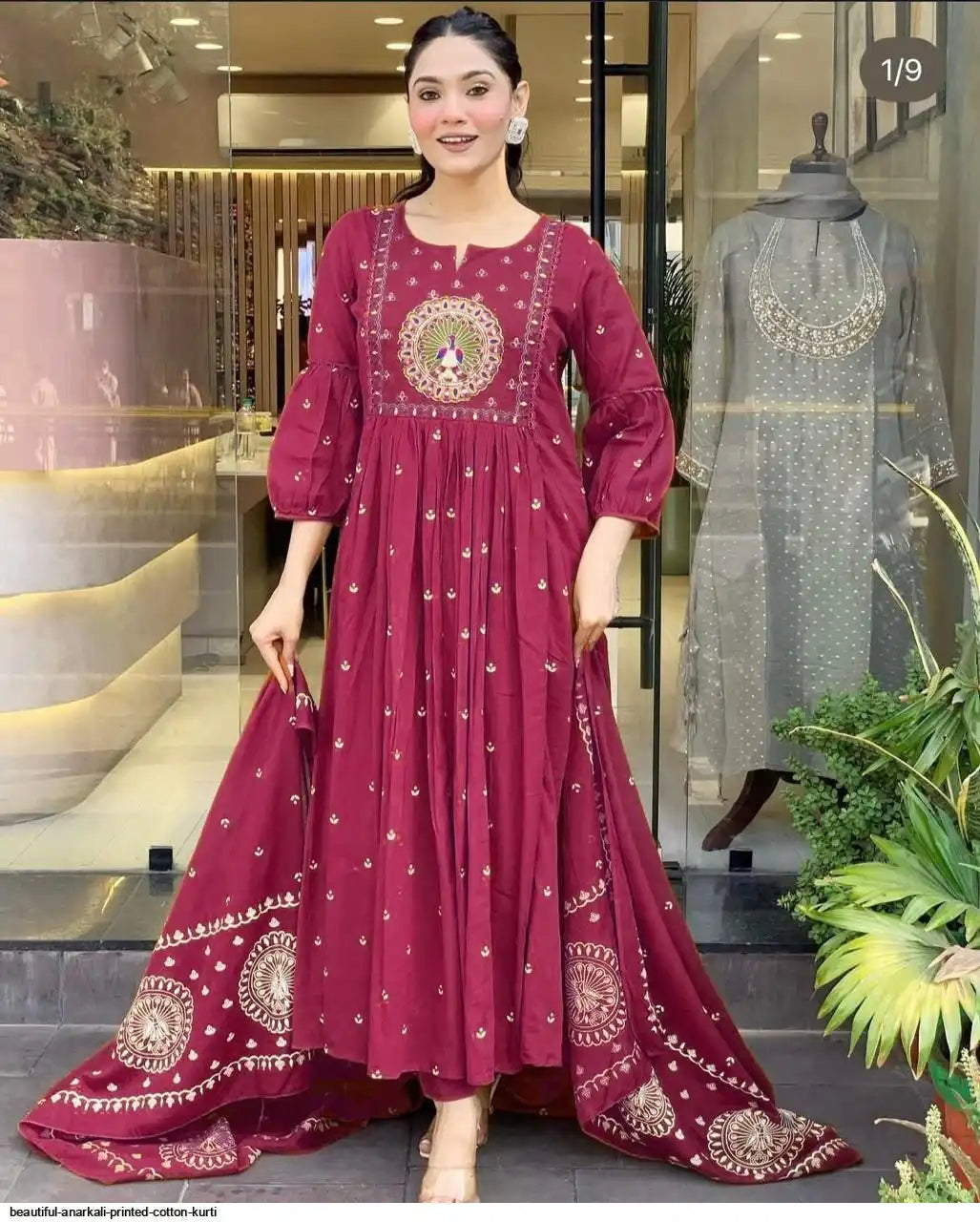Latest And Trending Peacock Cotton Printed Anarkali And Pant With Dupatta Set ( Pink )