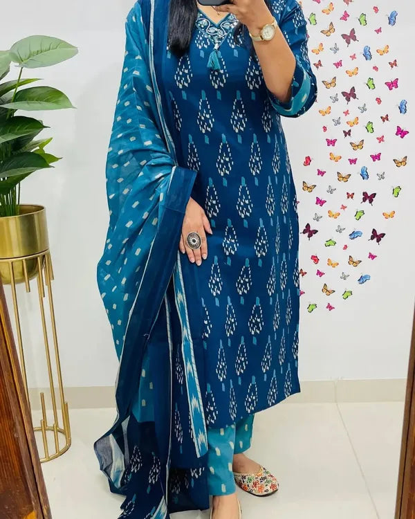 Ikkat Print With Kurti Pant & Dupatta Set For Women( Blue )