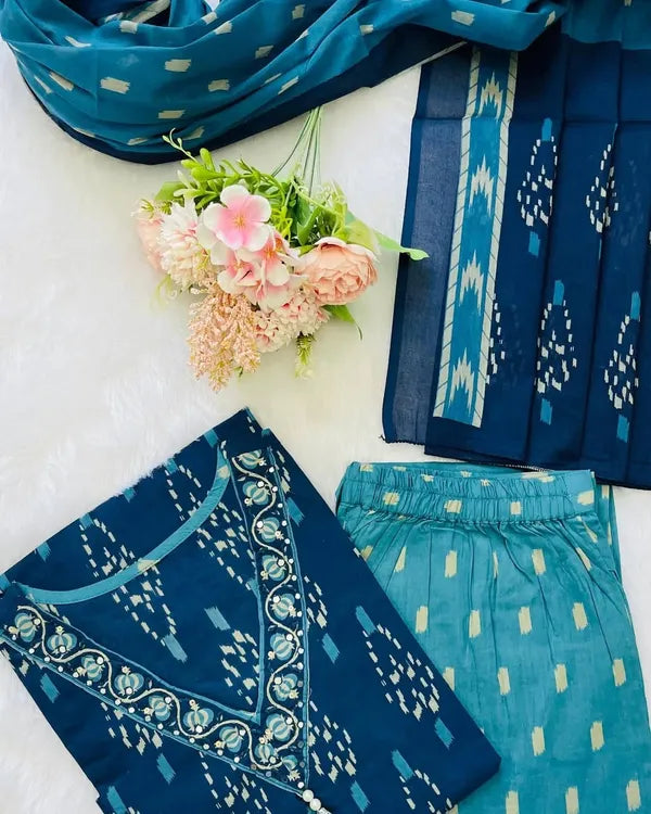 Ikkat Print With Kurti Pant & Dupatta Set For Women( Blue )