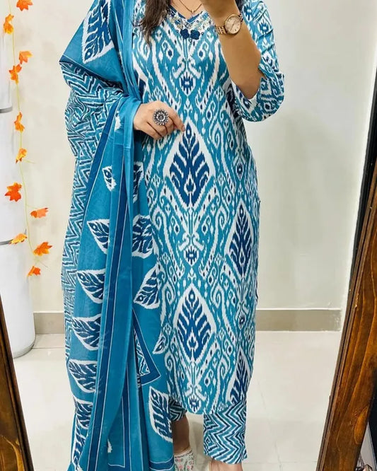 Blue  Designer Ekka Print With Kurti Paint And Dupatta Set