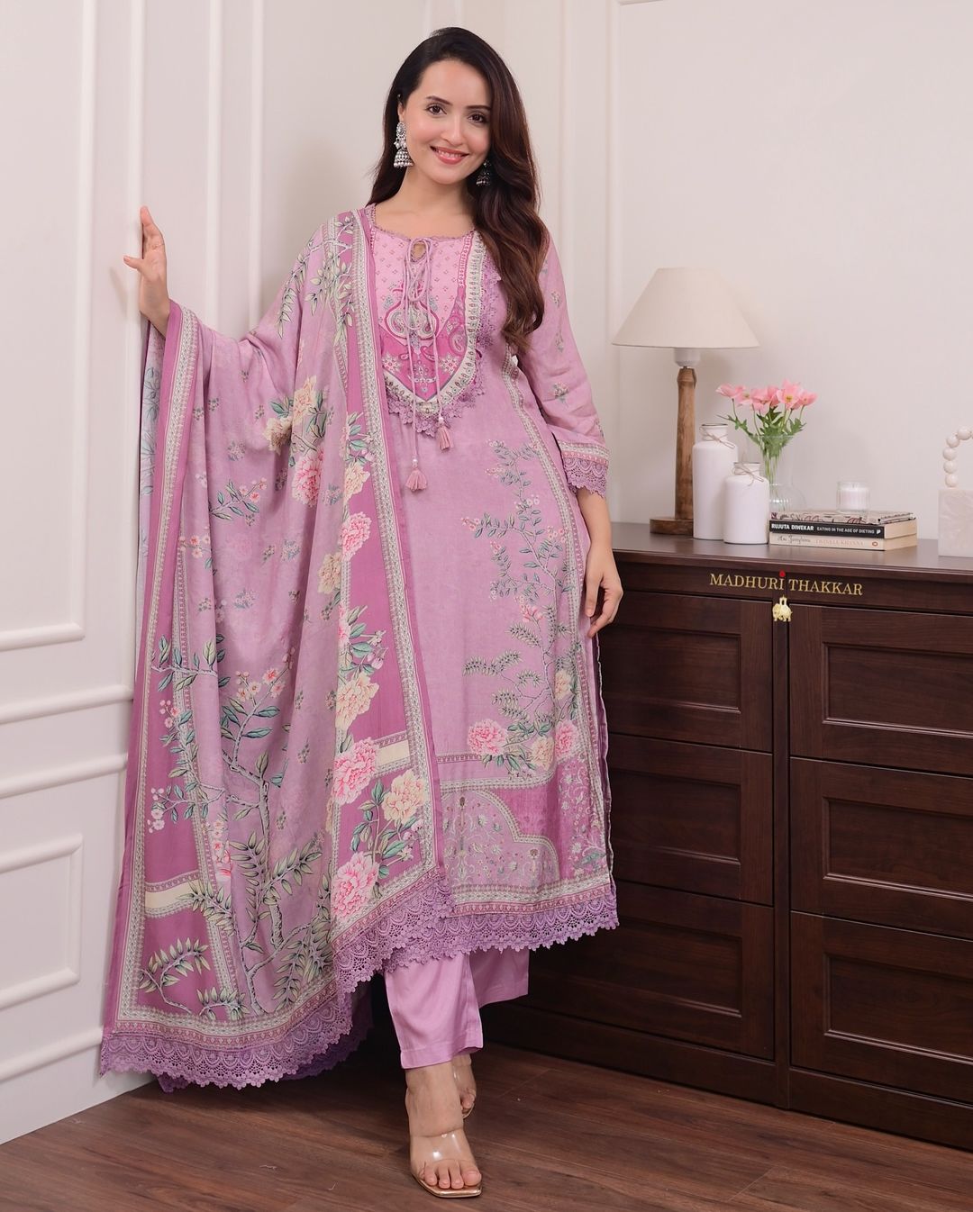 Lilac pure soft muslin pakistani suit set