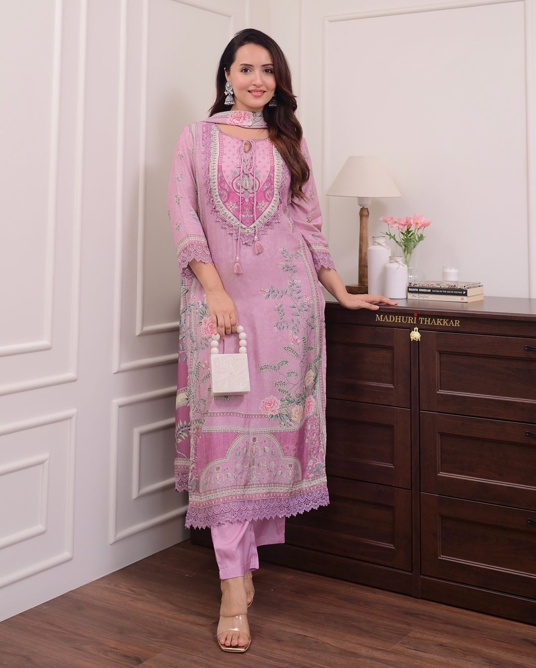 Lilac pure soft muslin pakistani suit set