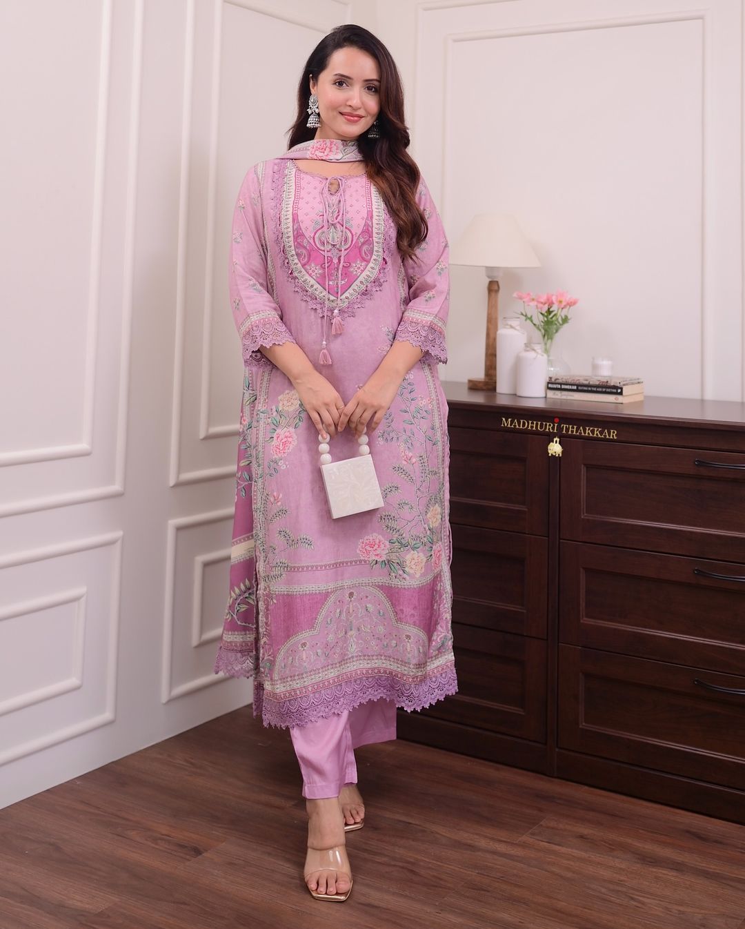 Lilac pure soft muslin pakistani suit set