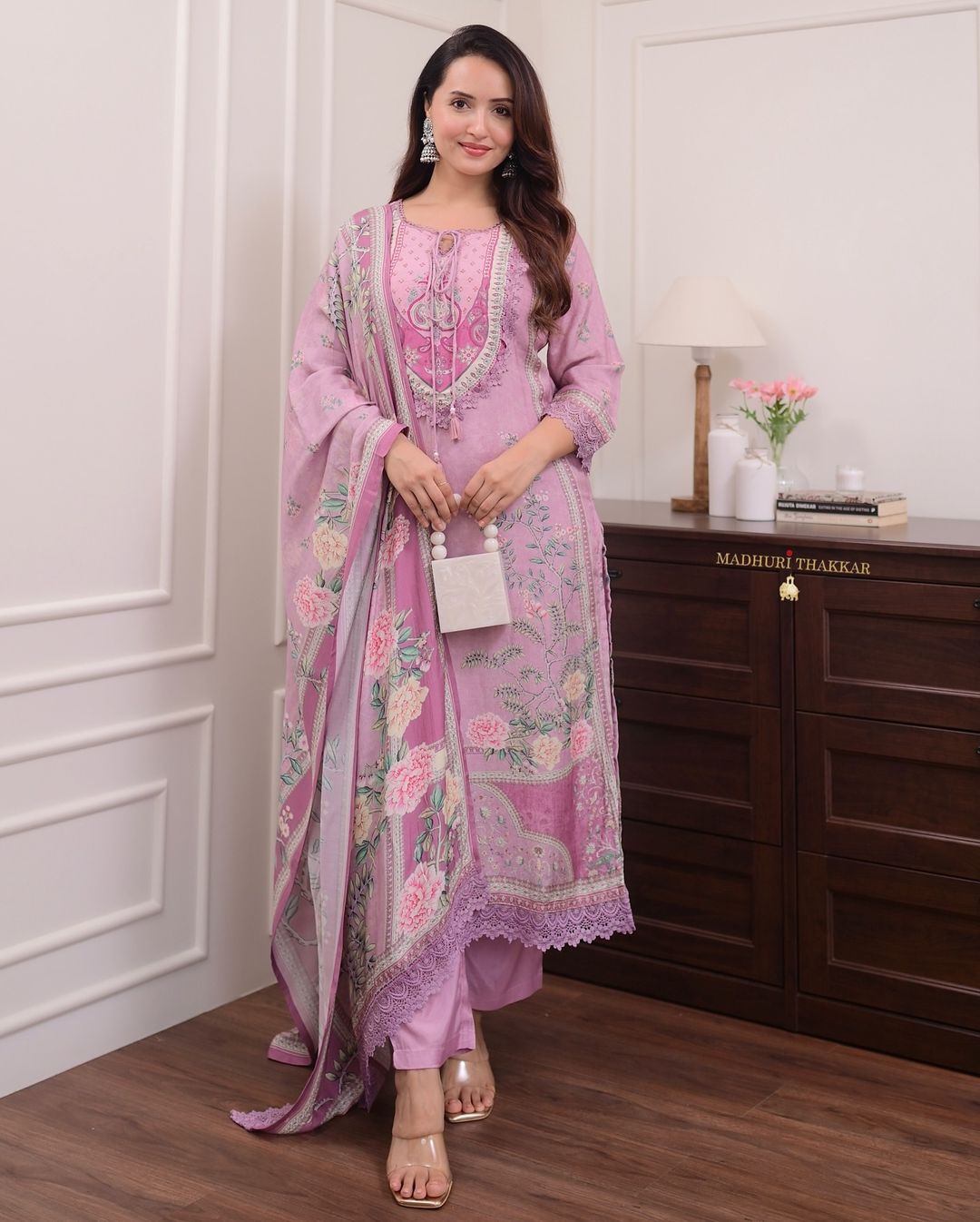 Lilac pure soft muslin pakistani suit set