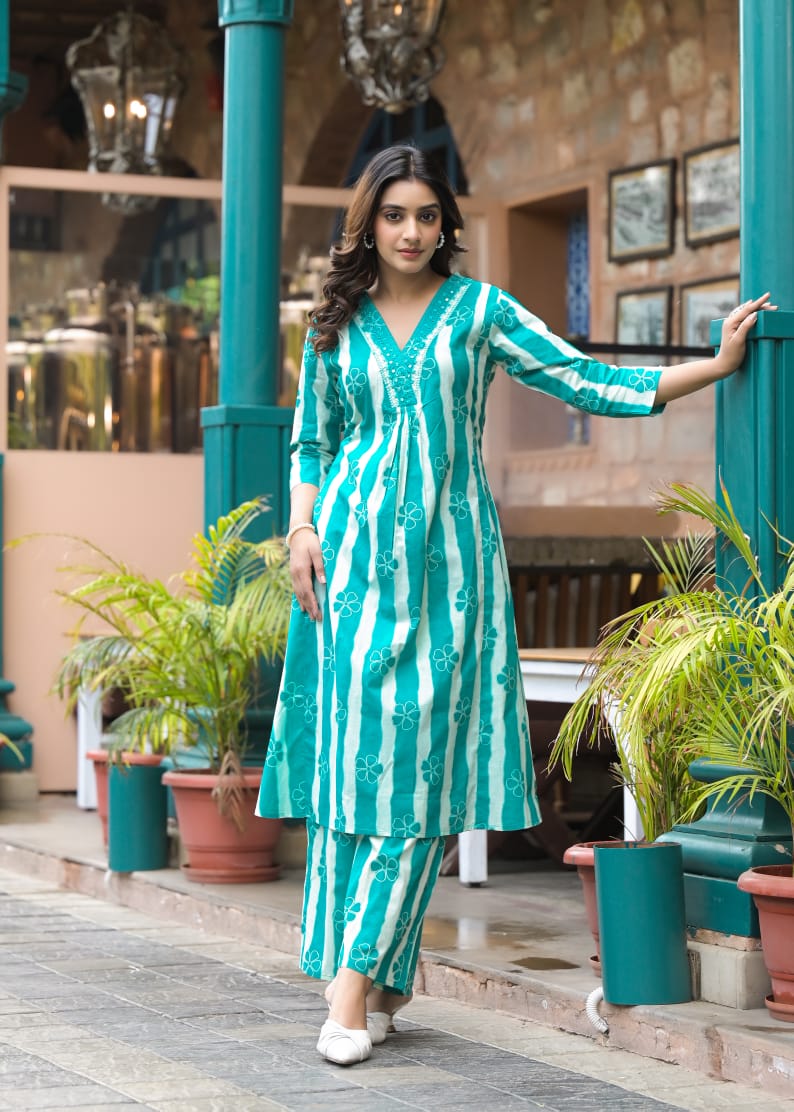 Green  Embroidered Kurta Pant Set