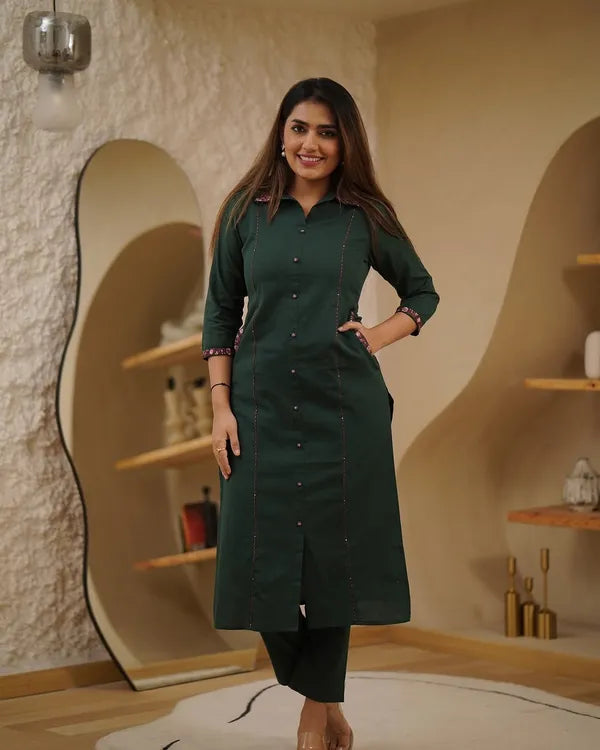 Dark Green Cotton  Straight Kurta Plaza Set