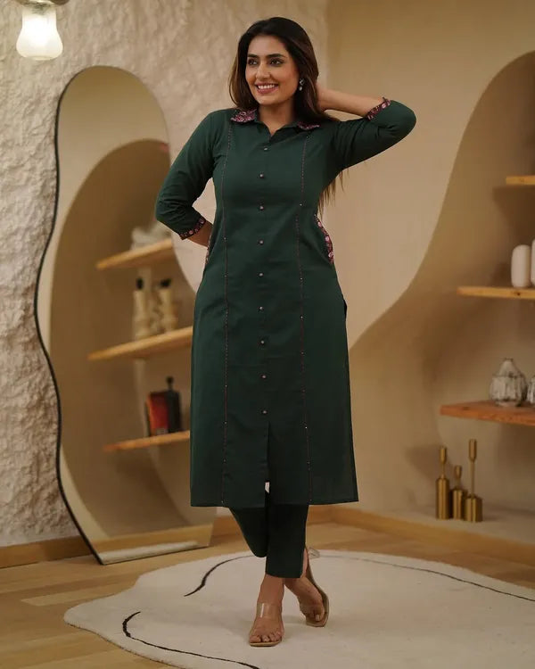 Dark Green Cotton  Straight Kurta Plaza Set