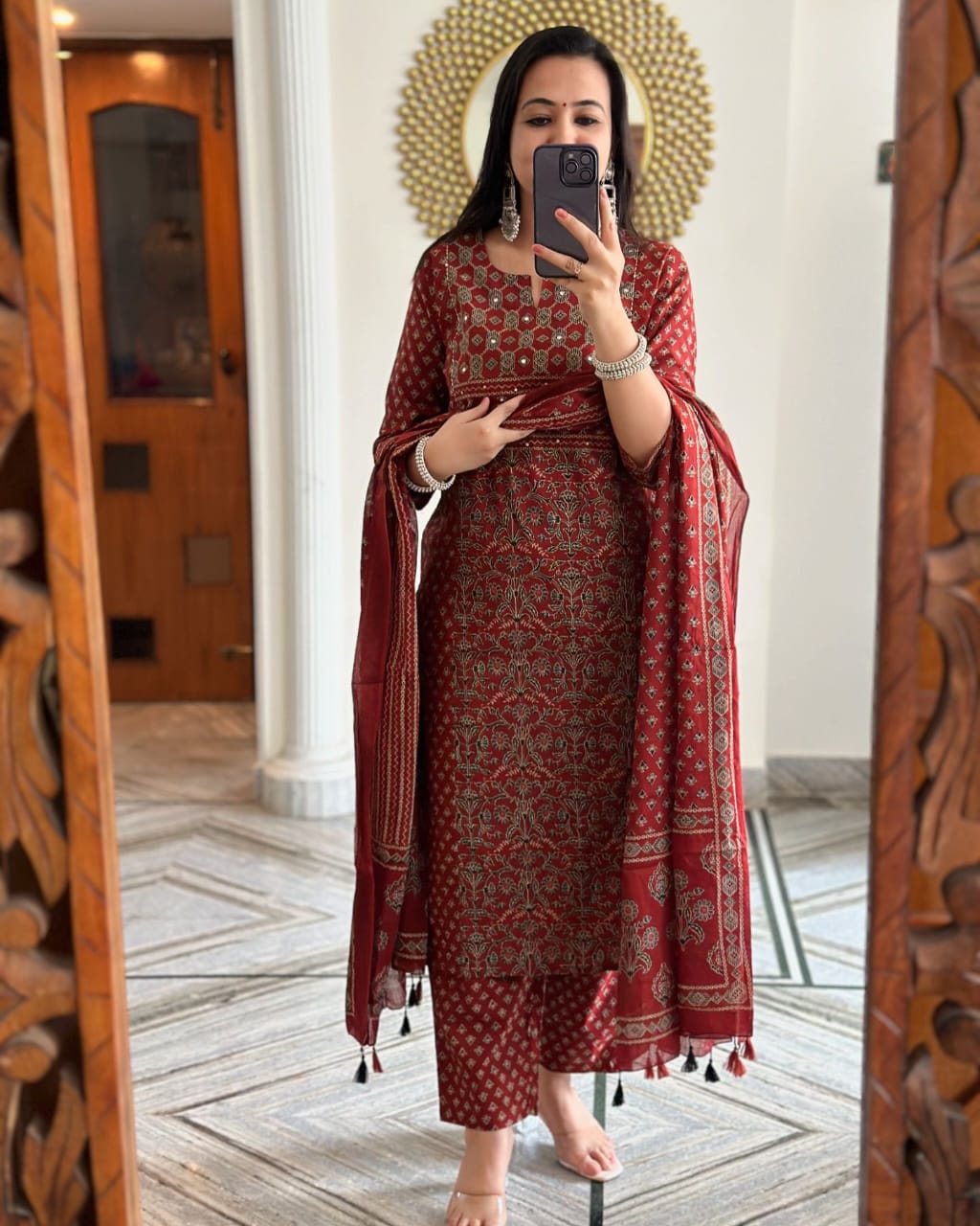 Beautiful maroon kurta with pant dupatta set