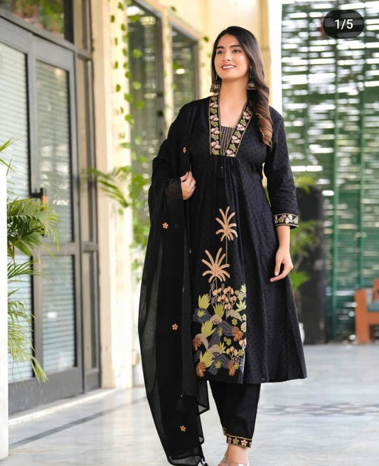 Solid Floral Embroidered A-Line Kurta with Pant & Dupatta - Black