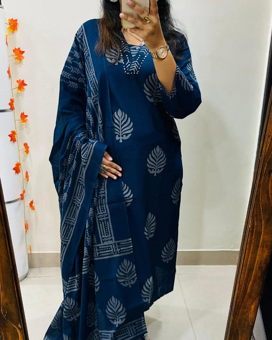 Sequence Cotton Blue Kurti Pant Set with Dupatta Set