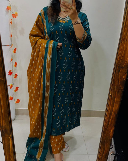 Women Teal And Mustard Ikka Print Cotton Kurta Set With Contrast Dupatta