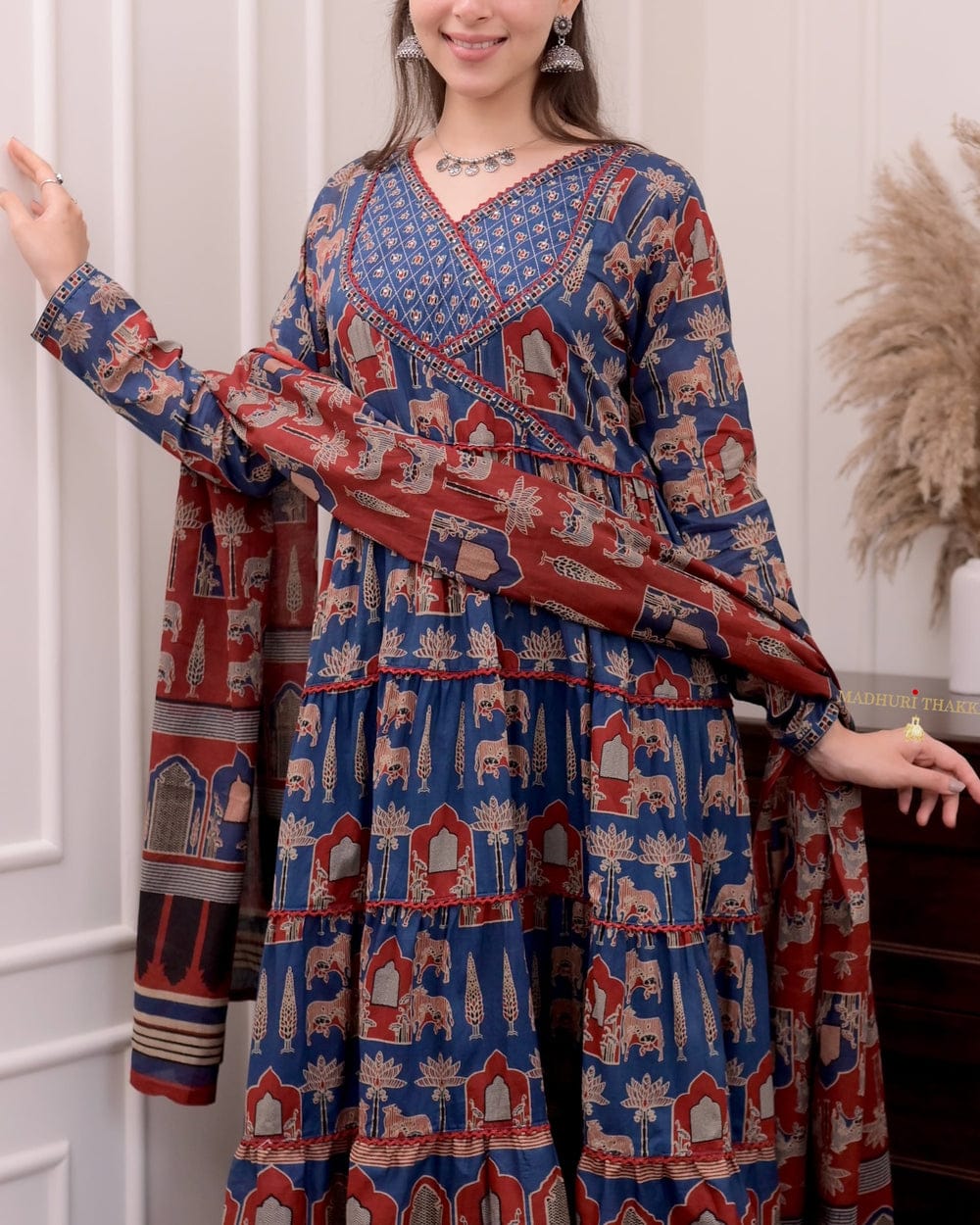 Navy Blue- Maroon Cotton Flared Anarkali Suit For Women