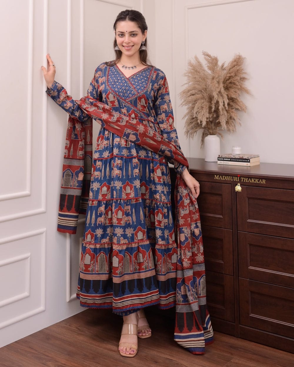 Navy Blue- Maroon Cotton Flared Anarkali Suit For Women